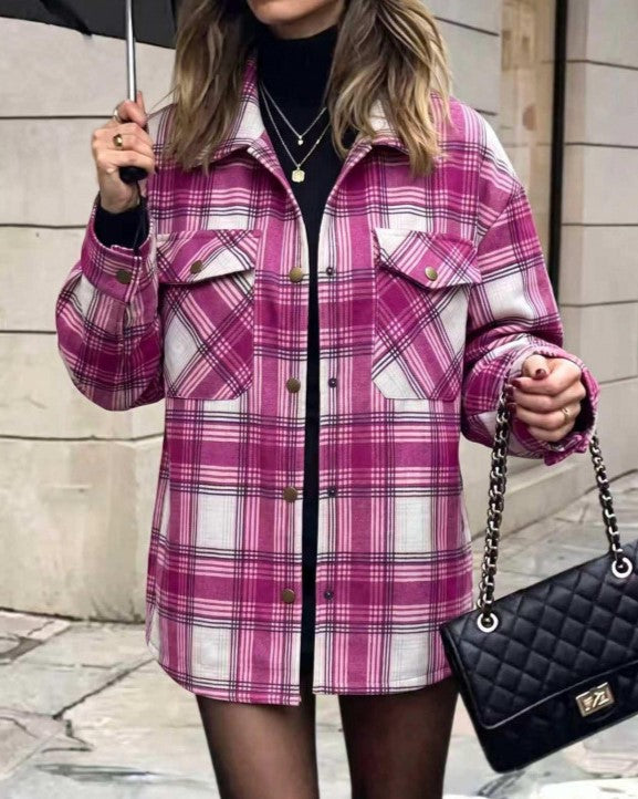 Plaid Flap Pocket Button Up Shacket Jacket - RoseRed