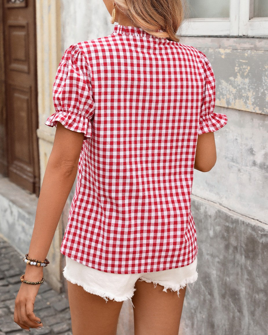 Gingham Check Ruffle Collar Button Front Shirt - Red - 2