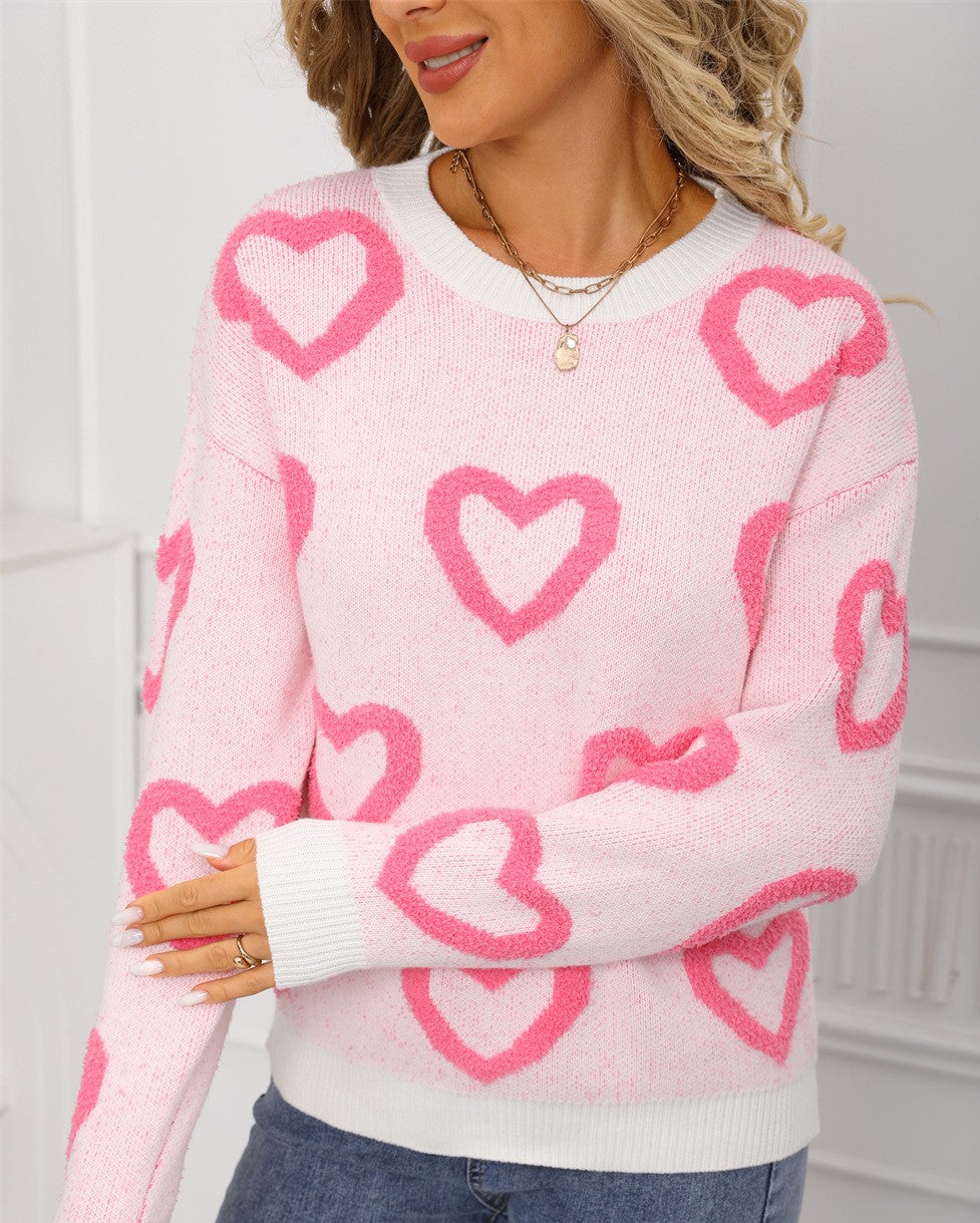 Open Heart Jacquard Drop Shoulder Sweater - White - 1