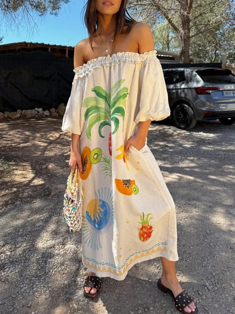 Fruit Print Off Shoulder Midi Dress - Decor