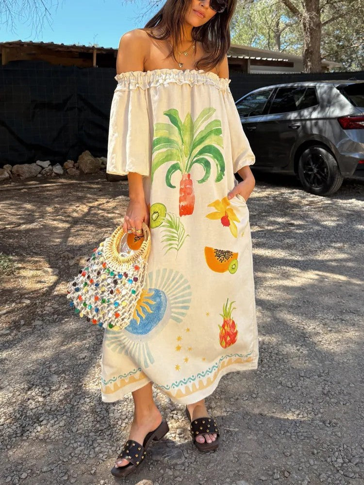 Fruit Print Off Shoulder Midi Dress - Decor - 3