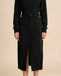 High Waist Front Slit Denim Midi Skirt - Black