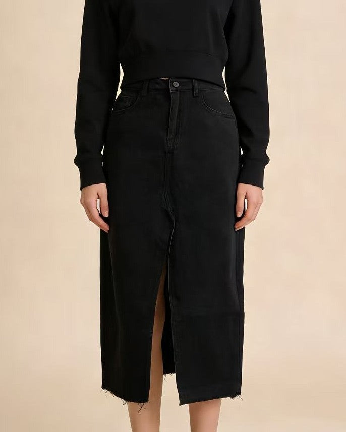 High Waist Front Slit Denim Midi Skirt - Black