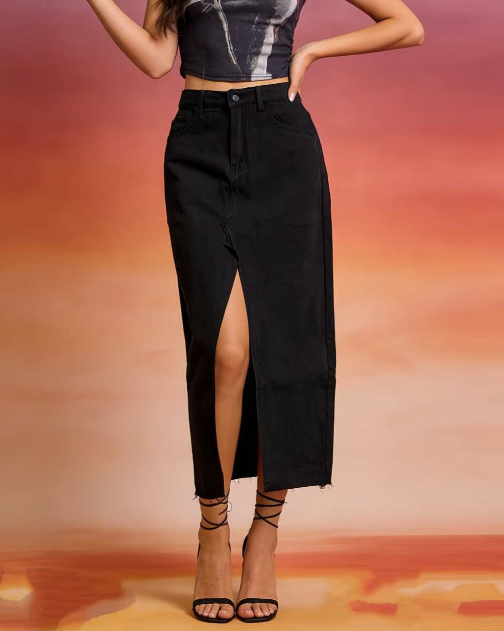 High Waist Front Slit Denim Midi Skirt - Black - 1