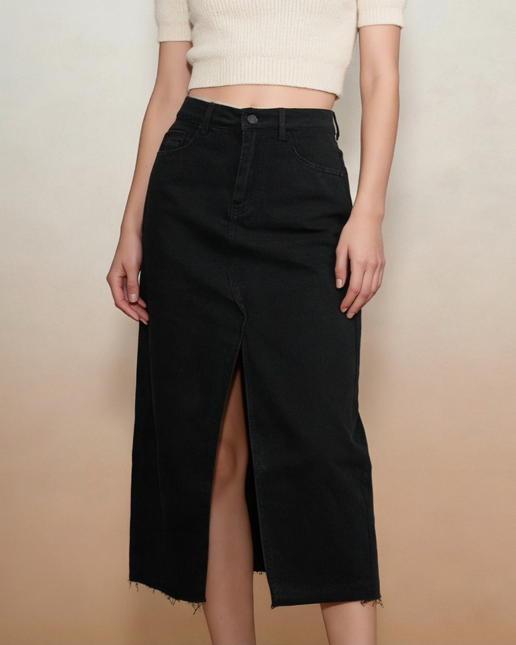 High Waist Front Slit Denim Midi Skirt - Black - 3