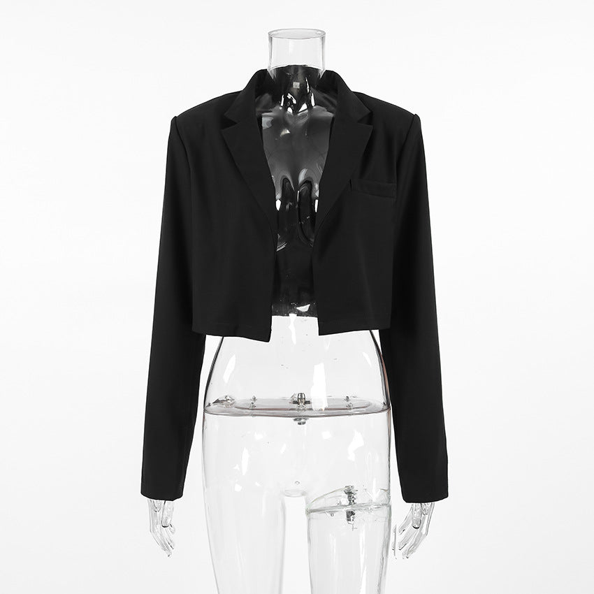 Structured Shoulder Cropped Black Blazer - Black - 1