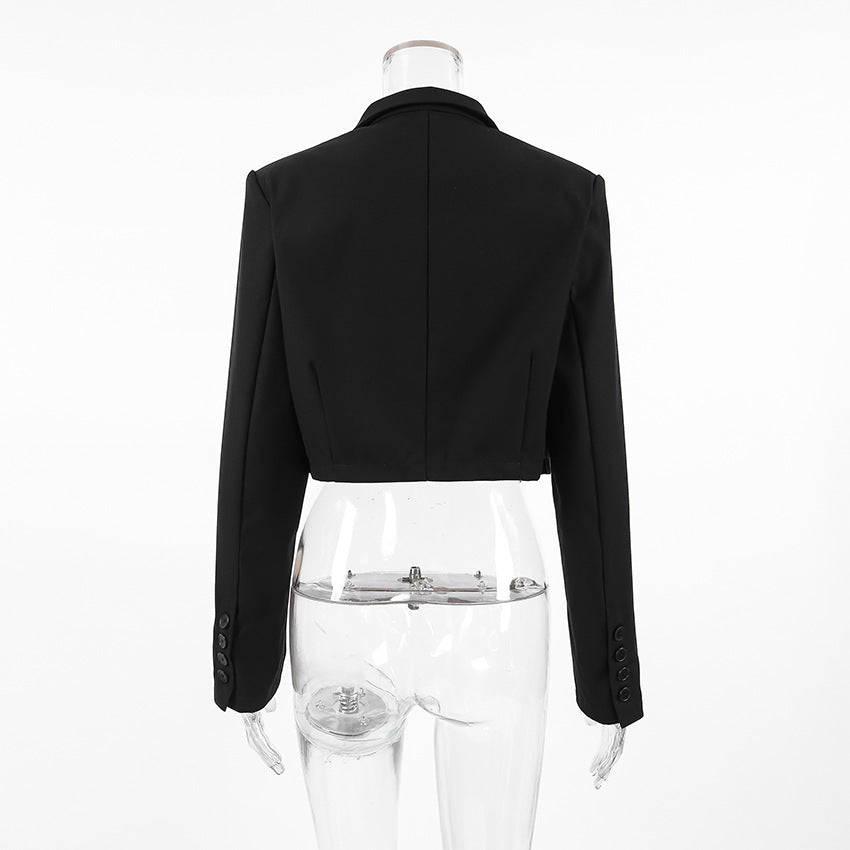 Structured Shoulder Cropped Black Blazer - Black - 2