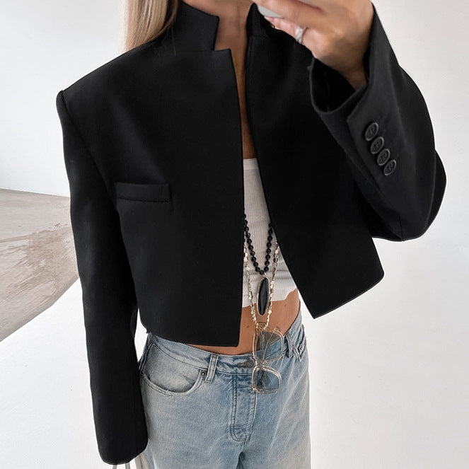 Structured Shoulder Cropped Black Blazer - Black - 8