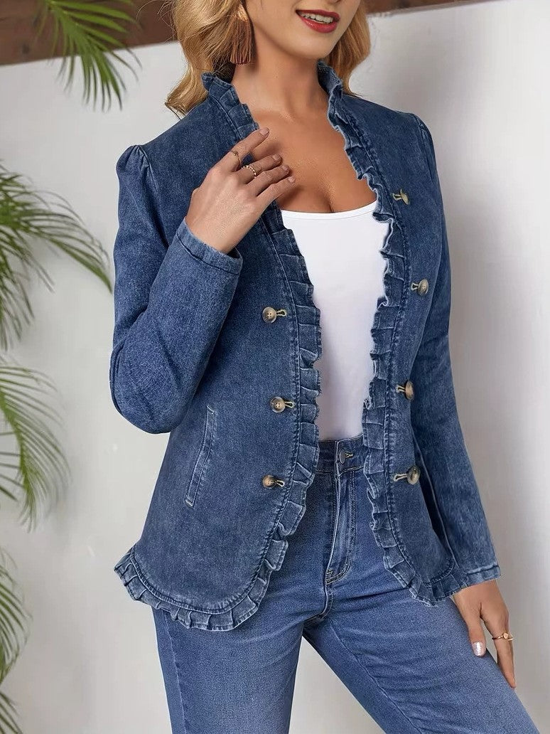 Military Button Denim Jacket with Ruffle Edges - Blue