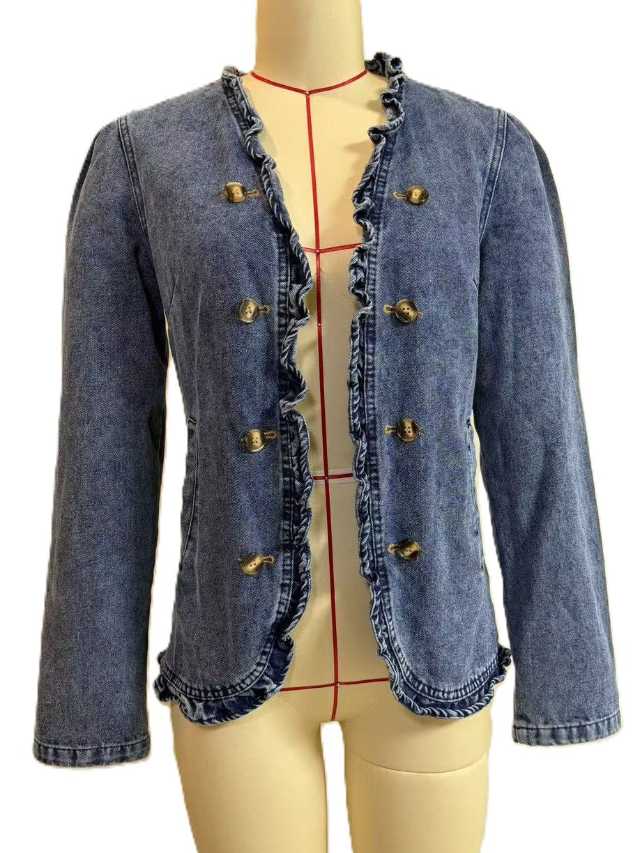 Military Button Denim Jacket with Ruffle Edges - Blue - 1