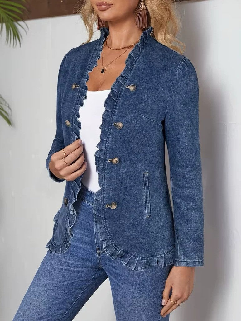 Military Button Denim Jacket with Ruffle Edges - Blue - 2
