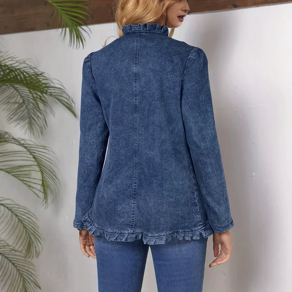 Military Button Denim Jacket with Ruffle Edges - Blue - 3