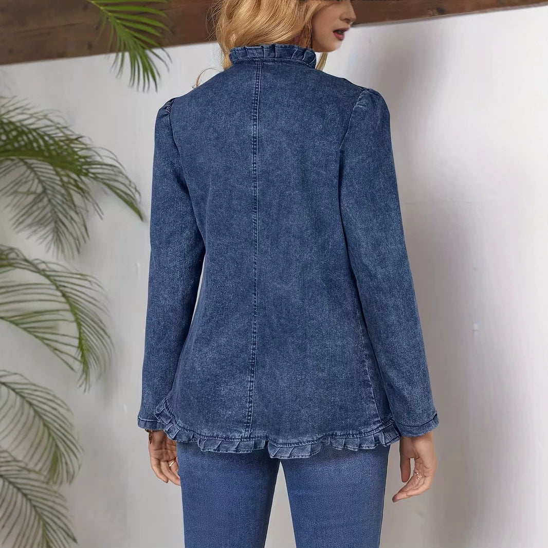 Military Button Denim Jacket with Ruffle Edges - Blue - 3