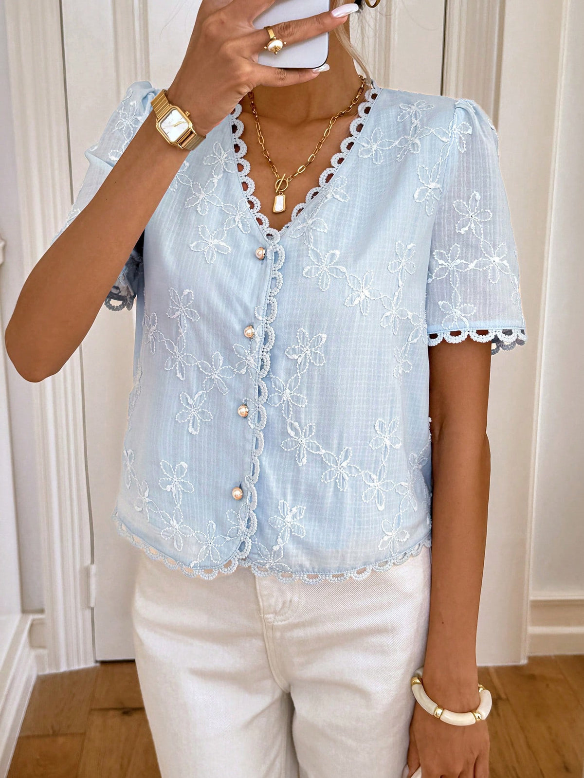 Eyelet Embroidered Puff Sleeve Scalloped Blouse - Blue