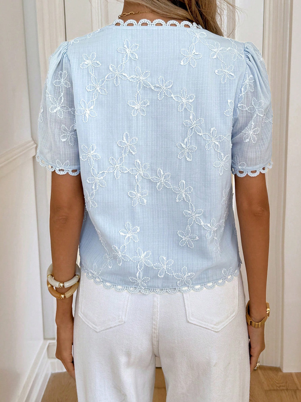 Eyelet Embroidered Puff Sleeve Scalloped Blouse - Blue - 2