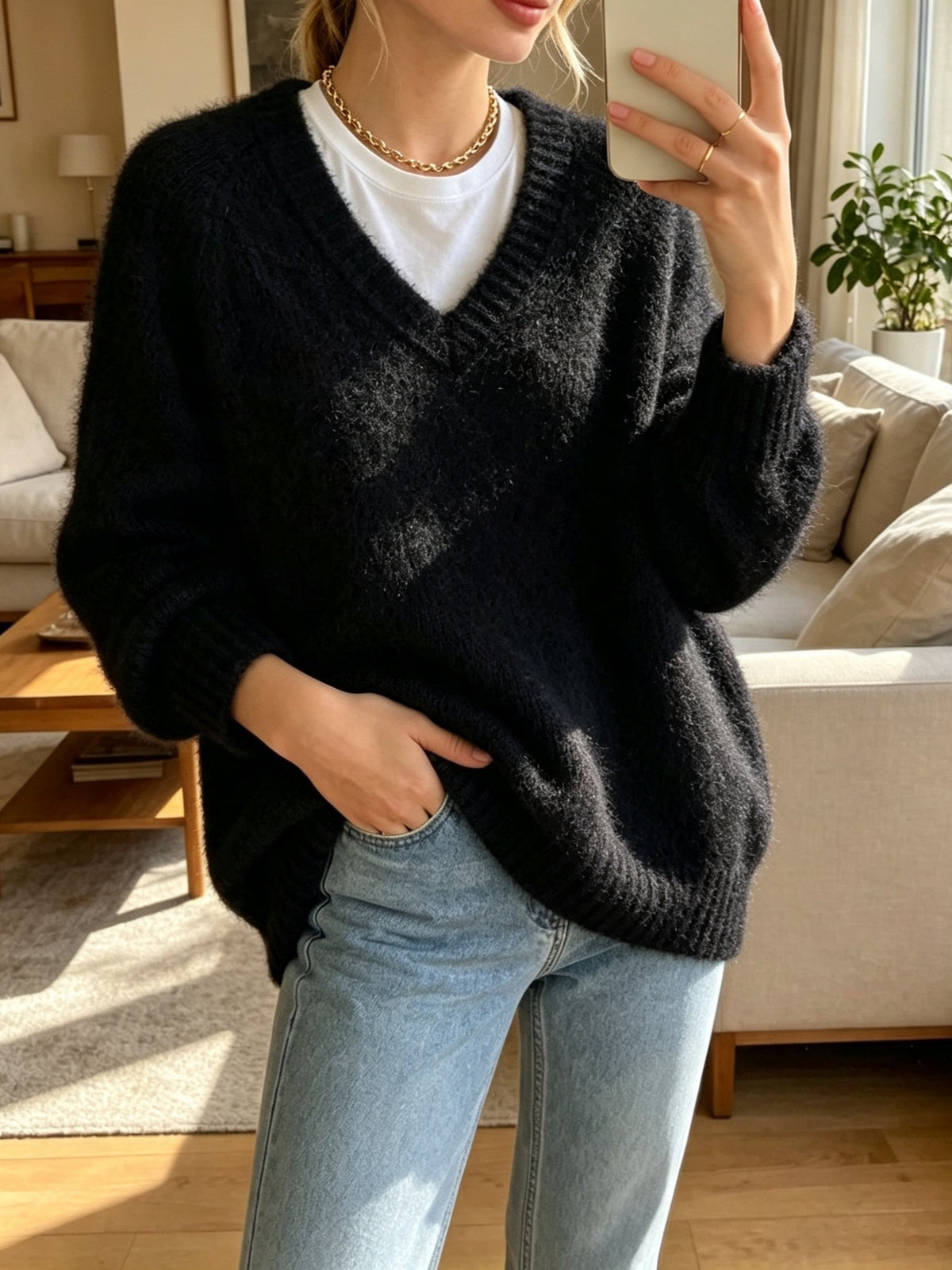 Fuzzy V Neck Drop Shoulder Knit Top - Black - 1