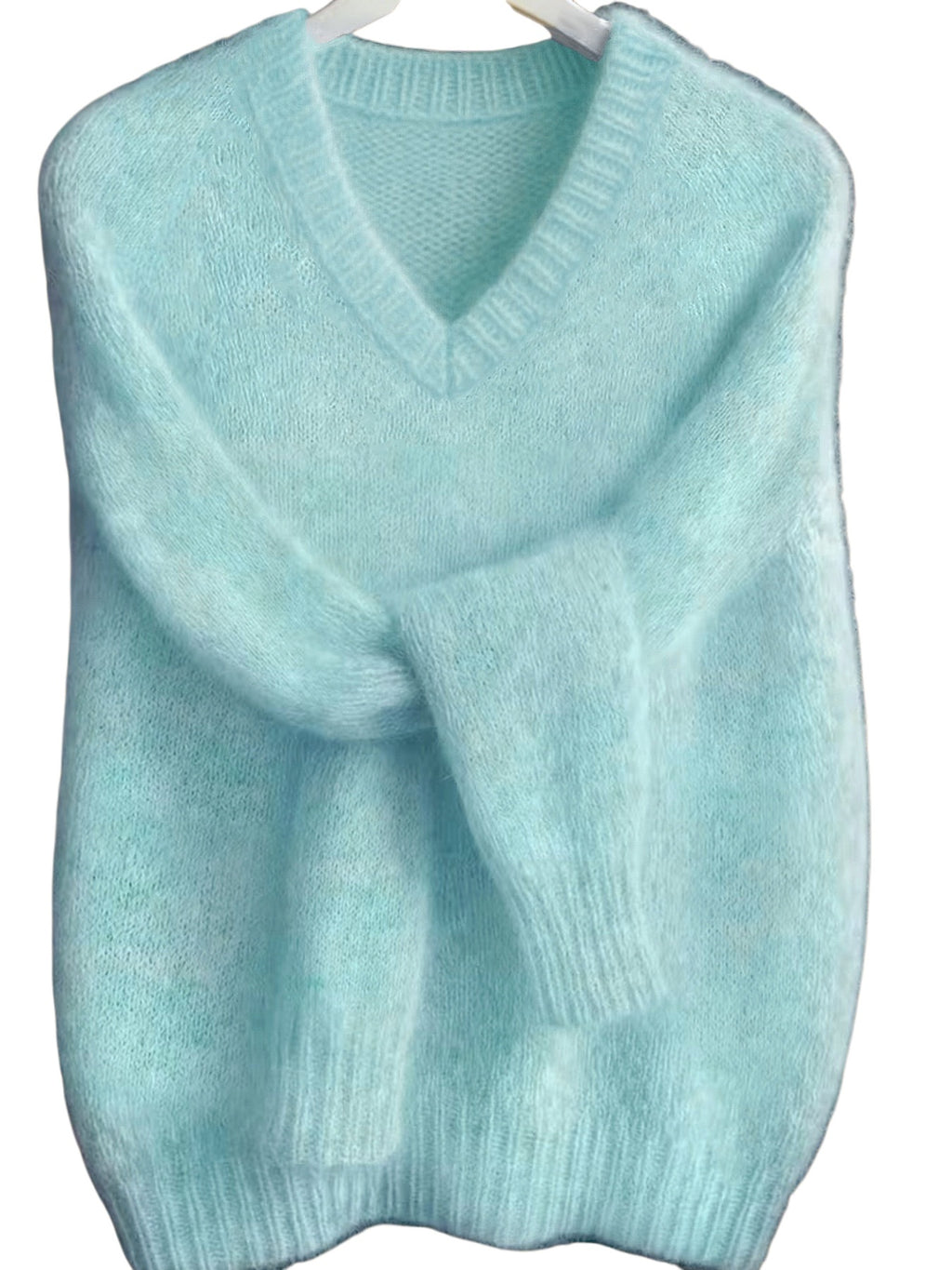 Fuzzy V Neck Drop Shoulder Knit Top - Blue - 1