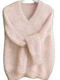 Fuzzy V Neck Drop Shoulder Knit Top - Pink