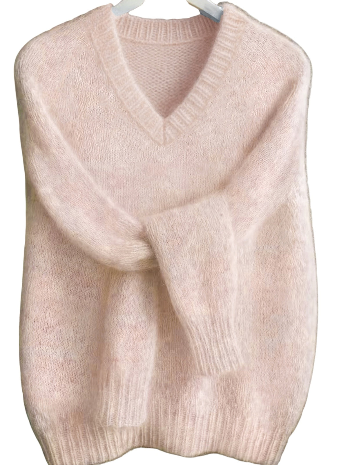 Fuzzy V Neck Drop Shoulder Knit Top - Pink