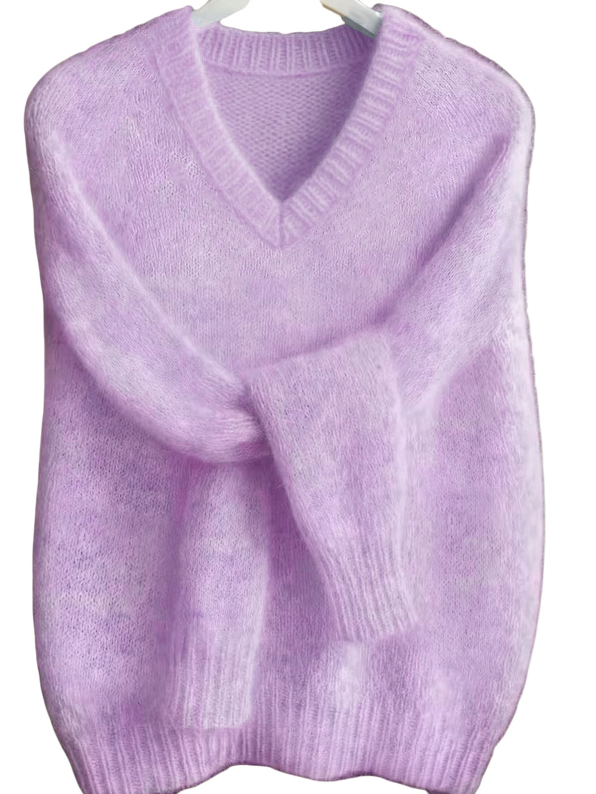 Fuzzy V Neck Drop Shoulder Knit Top - Purple