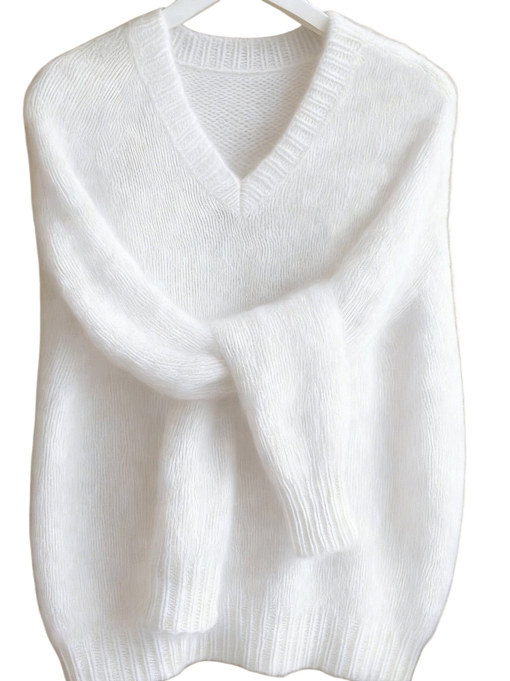 Fuzzy V Neck Drop Shoulder Knit Top - White