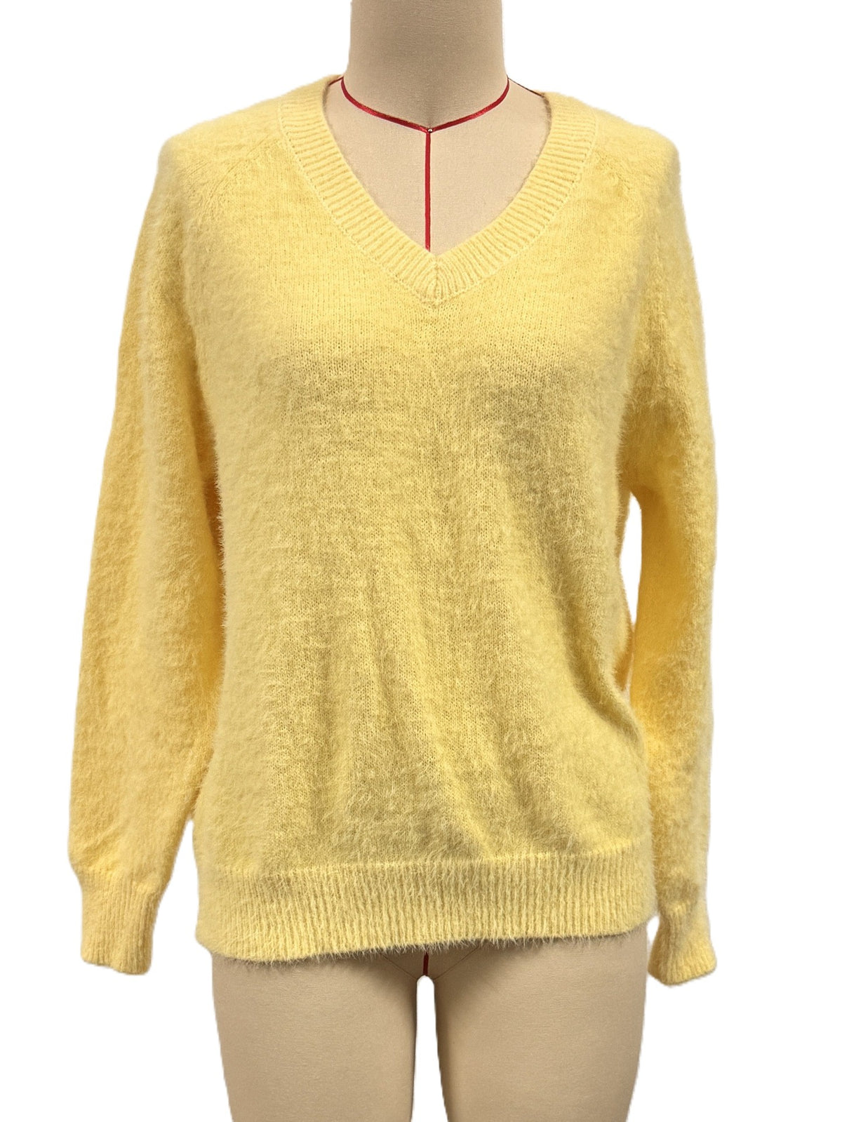 Fuzzy V Neck Drop Shoulder Knit Top - Yellow