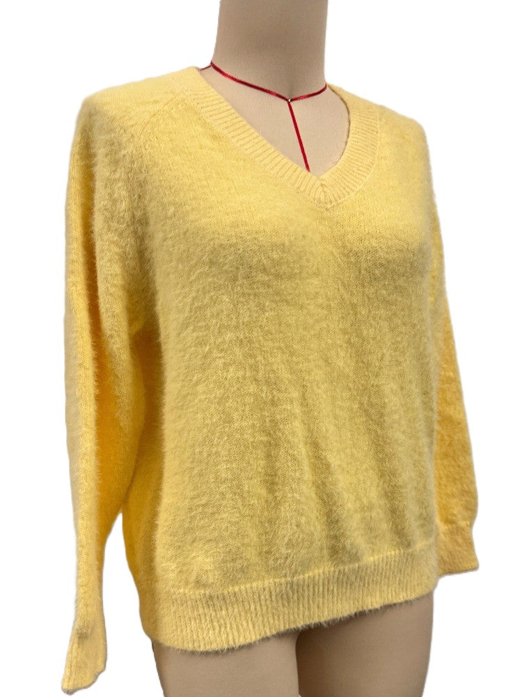 Fuzzy V Neck Drop Shoulder Knit Top - Yellow - 1