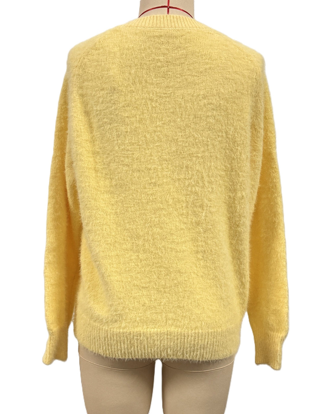 Fuzzy V Neck Drop Shoulder Knit Top - Yellow - 2