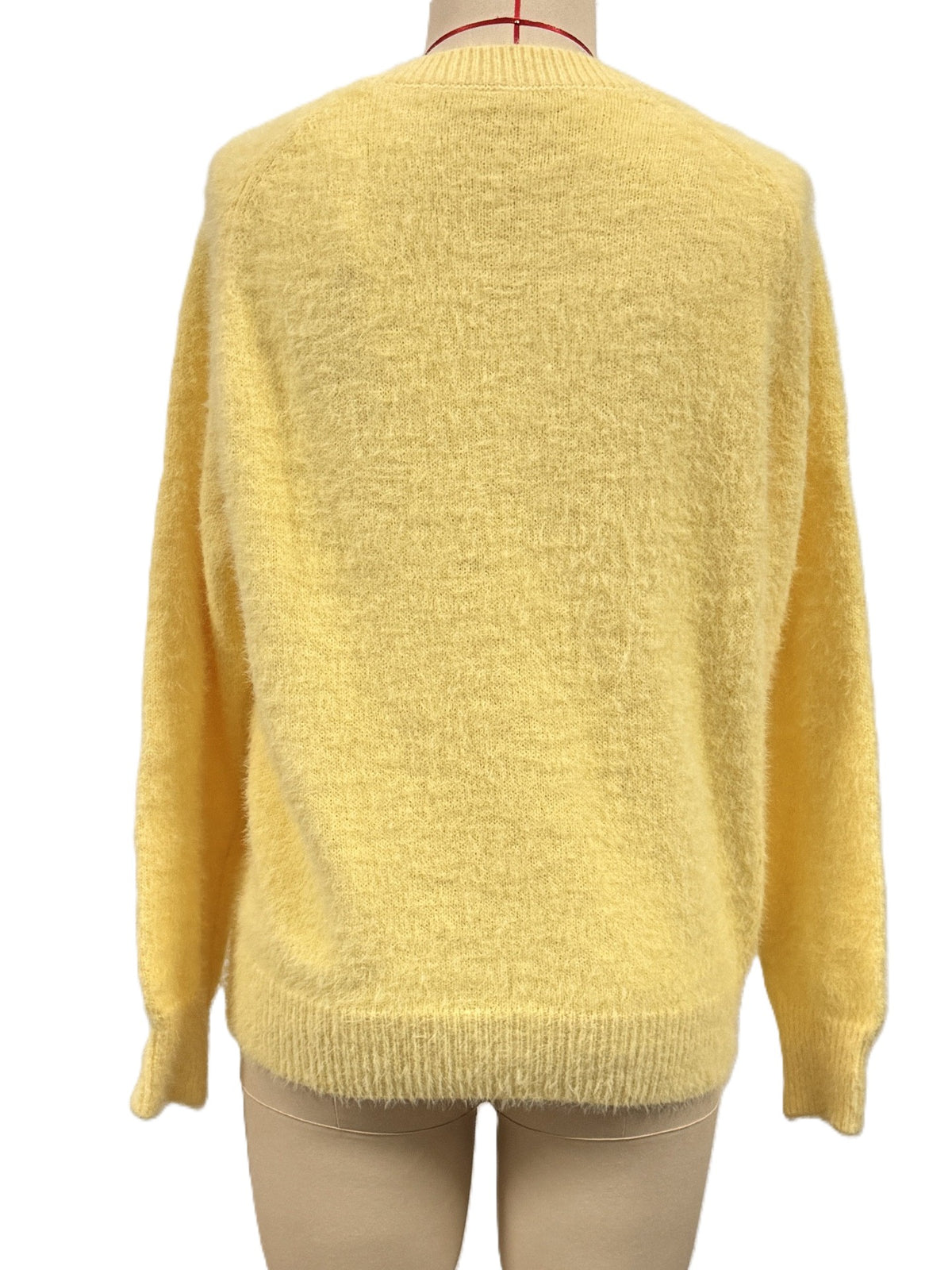 Fuzzy V Neck Drop Shoulder Knit Top - Yellow - 2