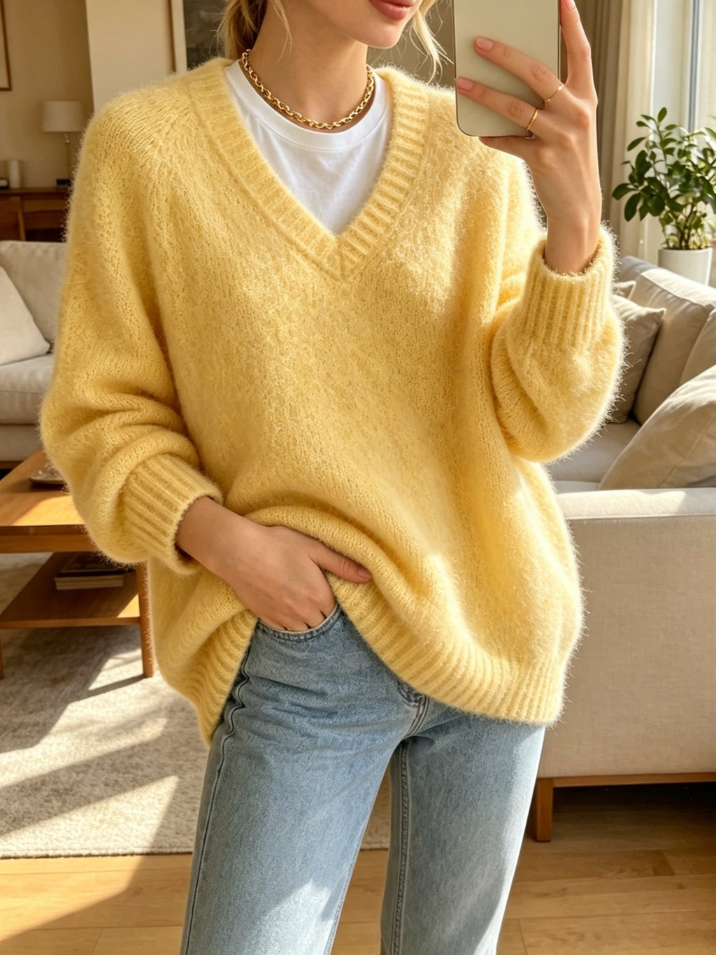 Fuzzy V Neck Drop Shoulder Knit Top - Yellow - 3