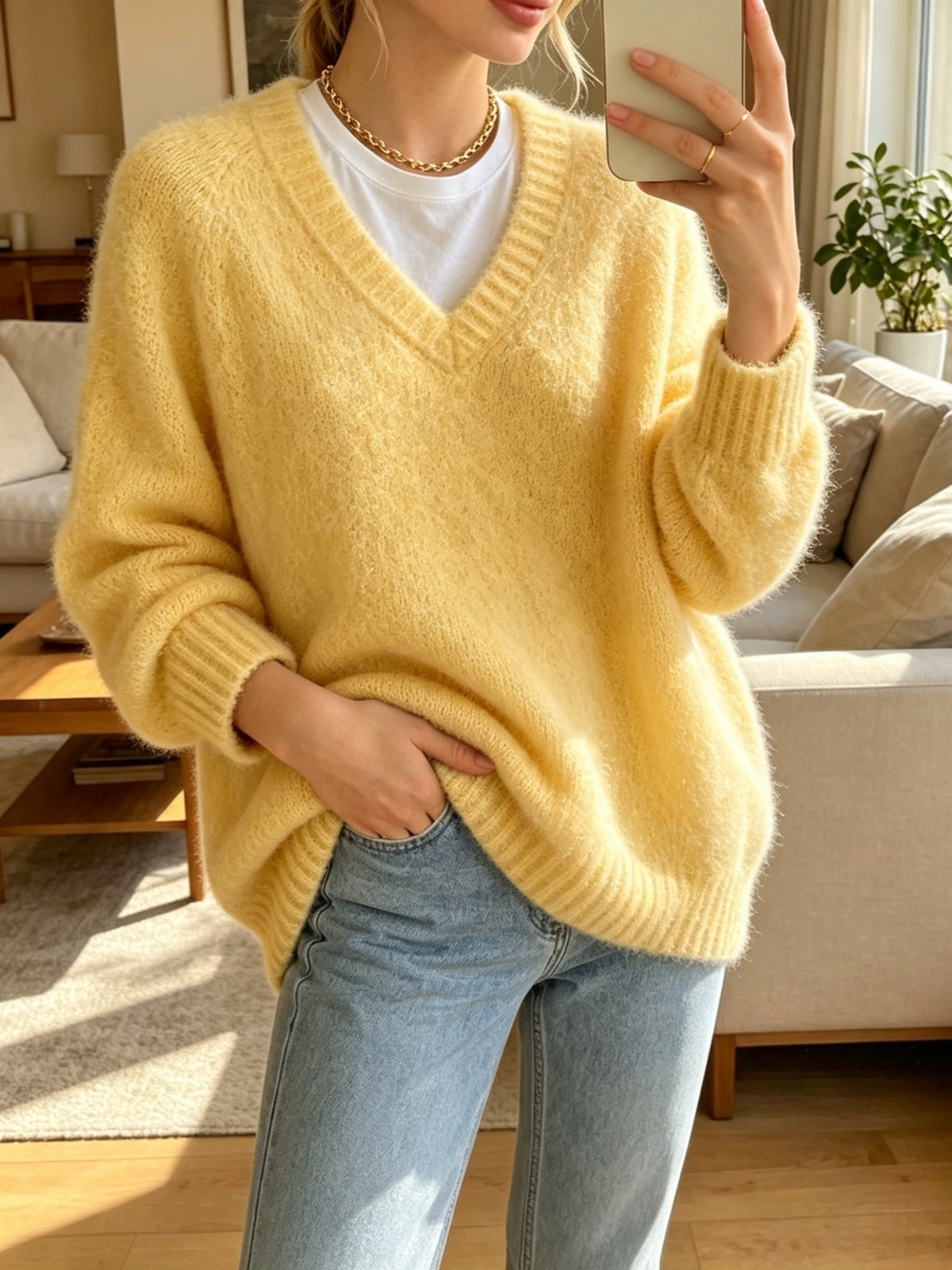 Fuzzy V Neck Drop Shoulder Knit Top - Yellow - 3