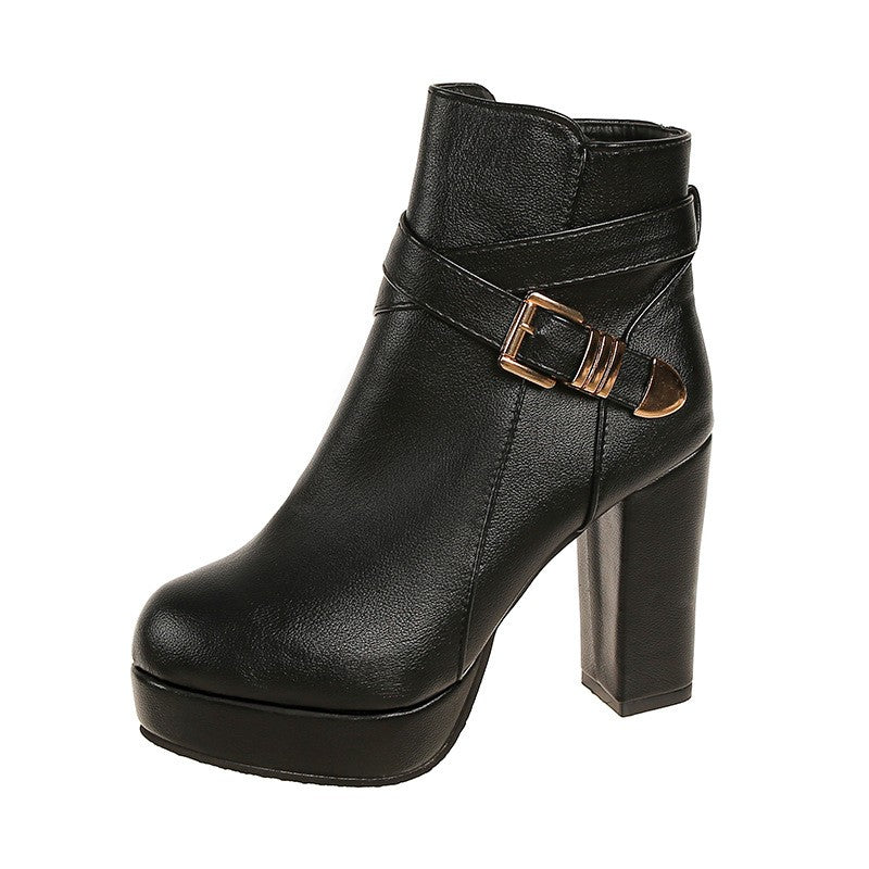 Buckle Strap Platform Heeled Ankle Boots - Black