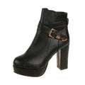 Buckle Strap Platform Heeled Ankle Boots - Black