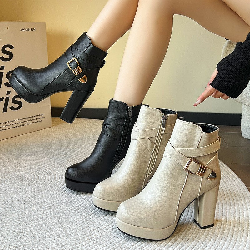 Buckle Strap Platform Heeled Ankle Boots