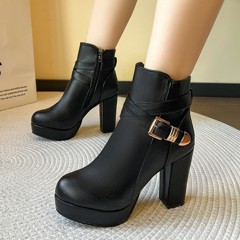 Buckle Strap Platform Heeled Ankle Boots