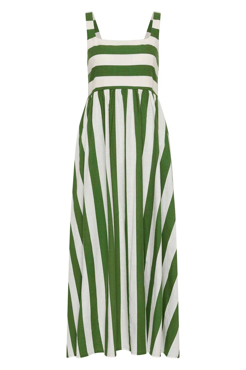 Striped Square Neck Flared Maxi Dress - Green