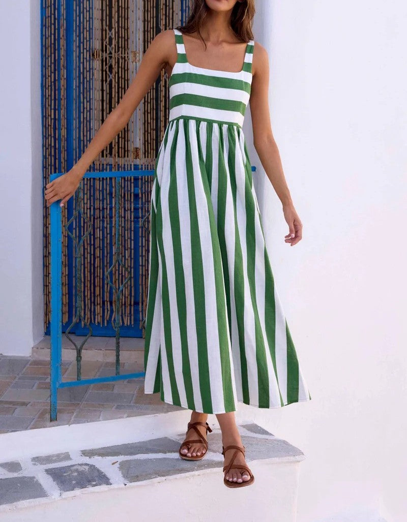 Striped Square Neck Flared Maxi Dress - Green - 1
