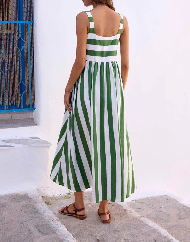 Striped Square Neck Flared Maxi Dress - Green - 2