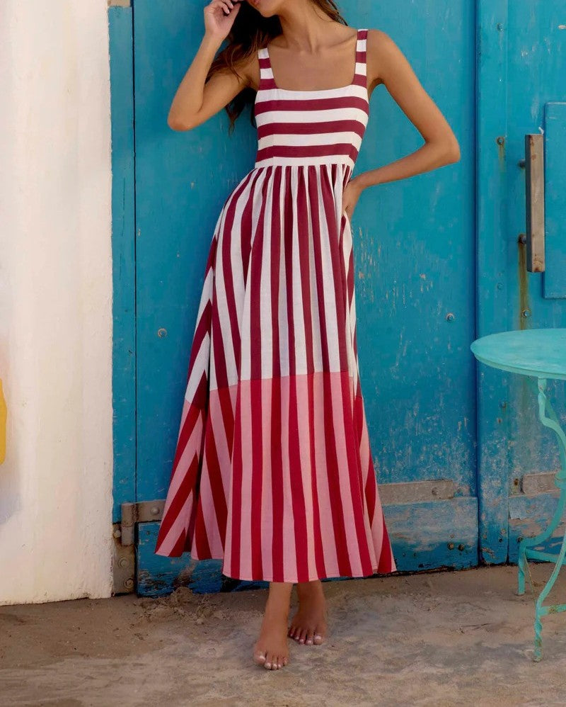 Striped Square Neck Flared Maxi Dress - Red