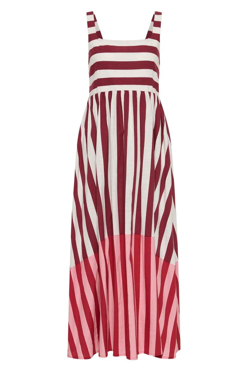 Striped Square Neck Flared Maxi Dress - Red - 1