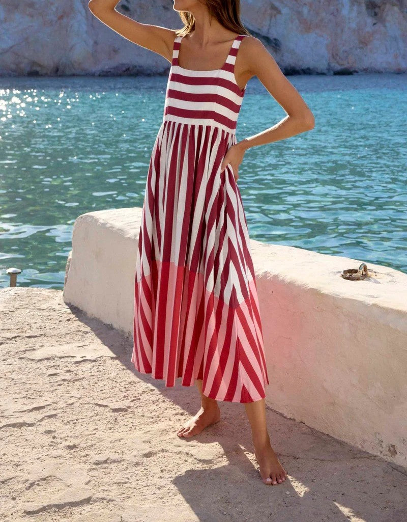 Striped Square Neck Flared Maxi Dress - Red - 2