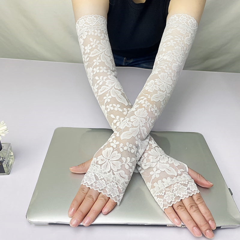 Long Floral Lace Fingerless Sun Gloves - Grey