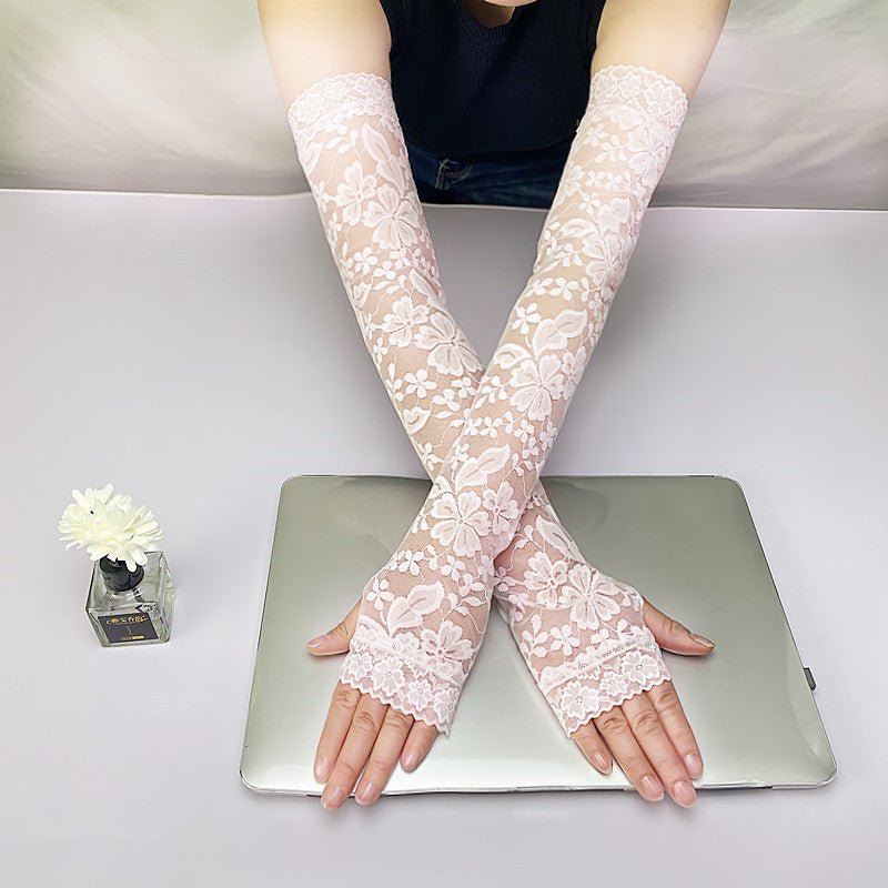 Long Floral Lace Fingerless Sun Gloves - Pink
