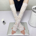 Long Floral Lace Fingerless Sun Gloves - White