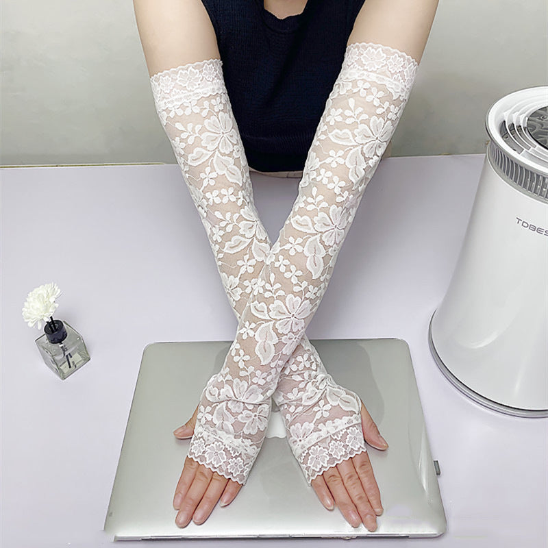 Long Floral Lace Fingerless Sun Gloves - White