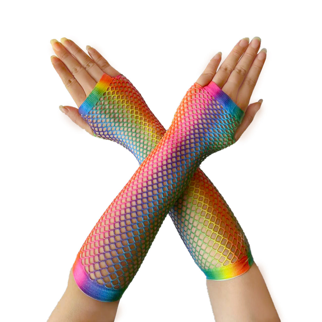 Rainbow Fishnet Fingerless Long Gloves - Rainbow