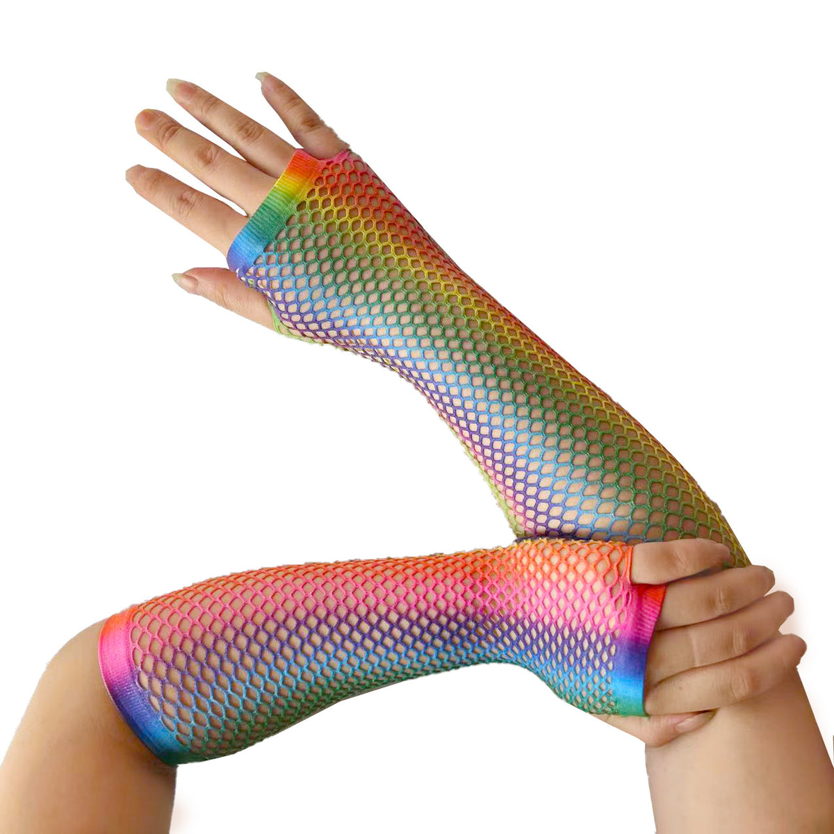 Rainbow Fishnet Fingerless Long Gloves - Rainbow - 1