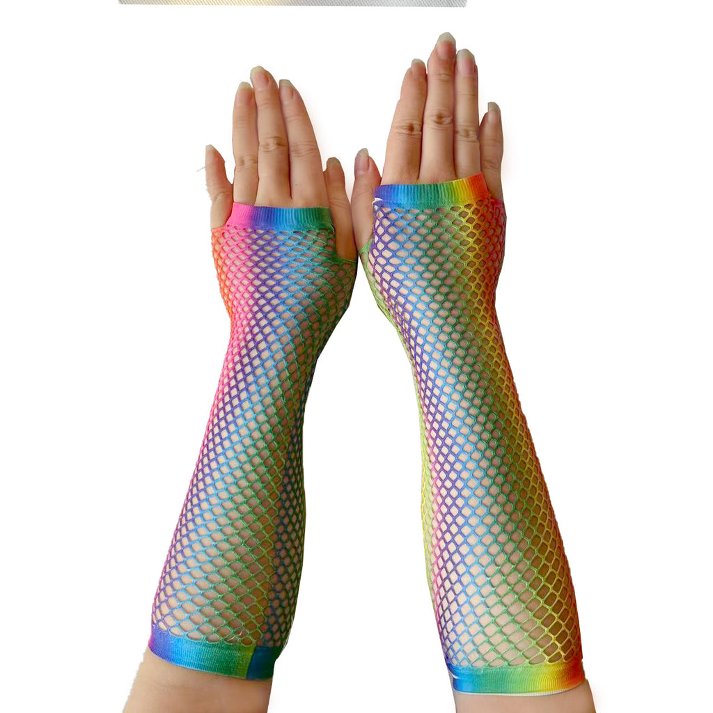 Rainbow Fishnet Fingerless Long Gloves - Rainbow - 2