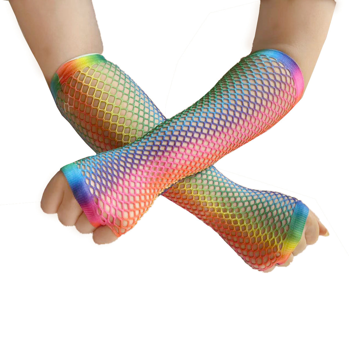 Rainbow Fishnet Fingerless Long Gloves - Rainbow - 3