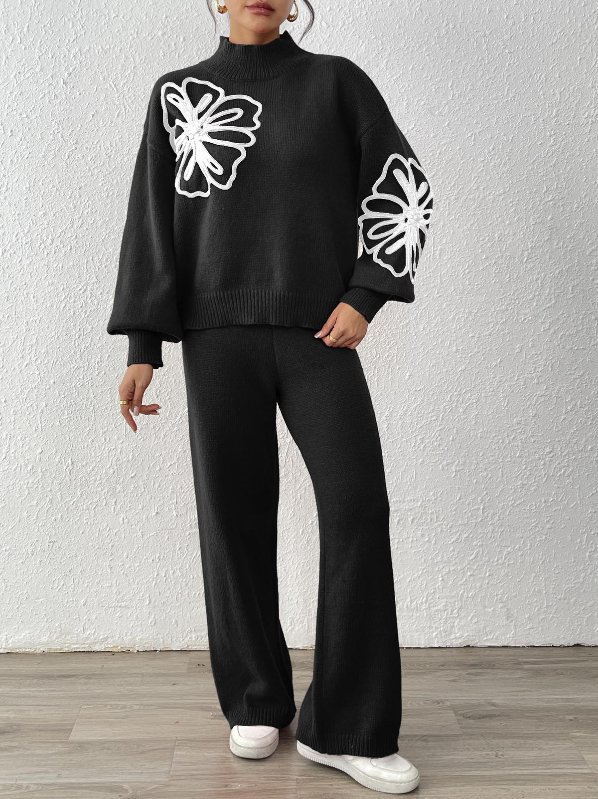Floral Motif Turtleneck Sweater and Pants Set - Black - 1